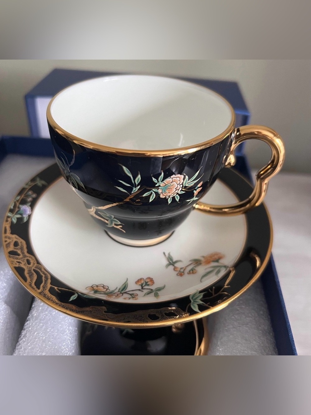 Auratic Madame Porcelain Pomegranate Garden Black & Gold Cup & Saucer Set – 4 Pc